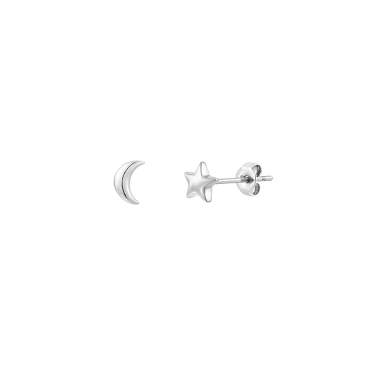 Bijou Star Moon Stud Earrings - Silver