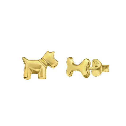 Doggie and Bone Stud Earrings - Gold